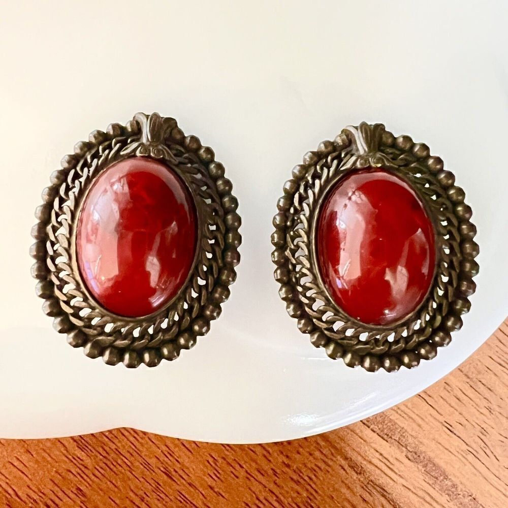 Vintage Gripoix Style Cabochon Earrings Clip On Oxblood Silver Tone Ornate 4576
